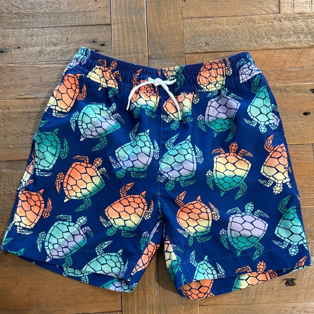 Crewcuts Navy Swim Trunks with Multicolor Turtle Print